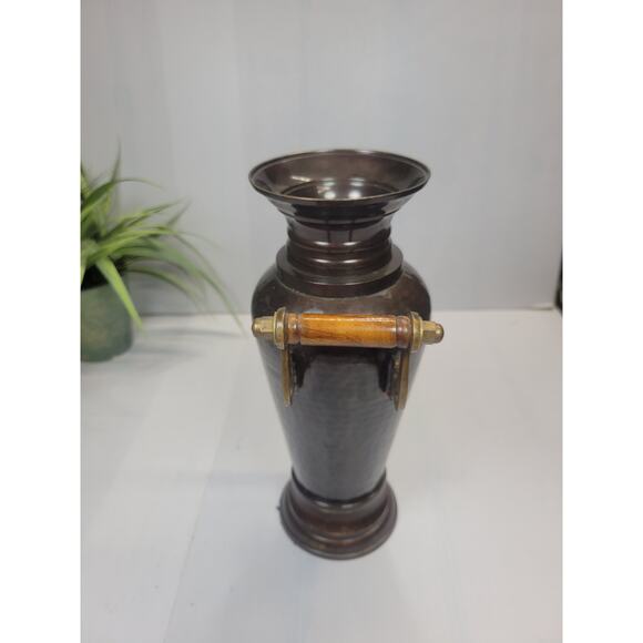 Vintage Hammered Brass Vase, Double Wooden Handled - Picture 3 of 4